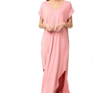 Entro USA Everyday Casual Maxi Dress Dusty Pink New V neckline short sleeve